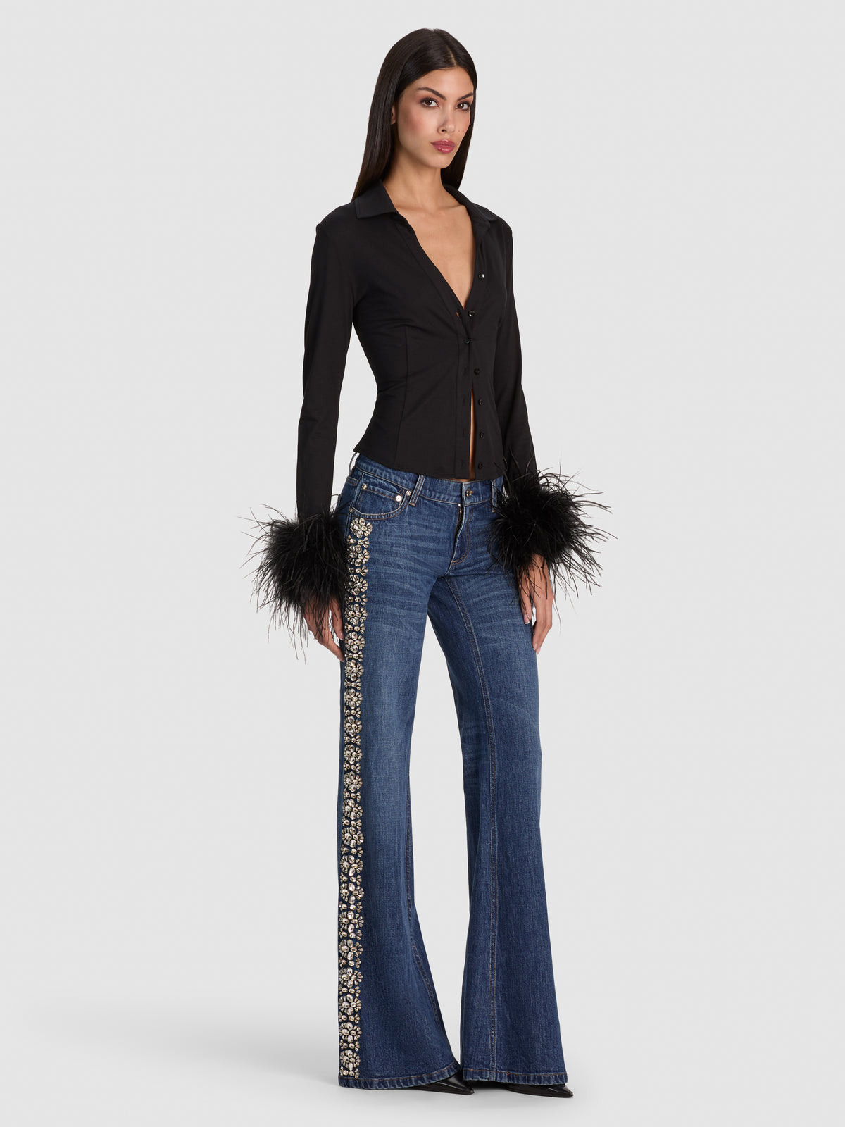 FREYA FEATHER BUTTON DOWN TOP-Black-ALICE + OLIVIA