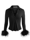 FREYA FEATHER BUTTON DOWN TOP-Black-ALICE + OLIVIA