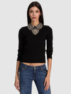 PORLA EMBELLISHED COLLARED SWEATER-BLACK/SILVER-ALICE + OLIVIA