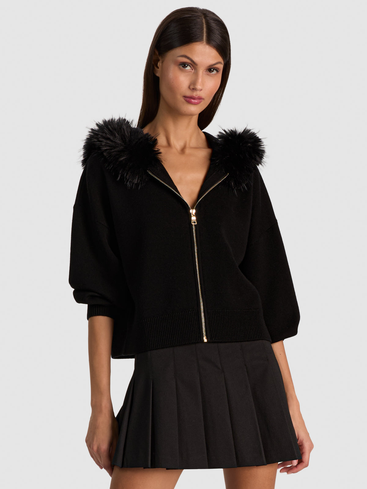 NADYA FAUX FUR TRIM CARDIGAN-Black-ALICE + OLIVIA