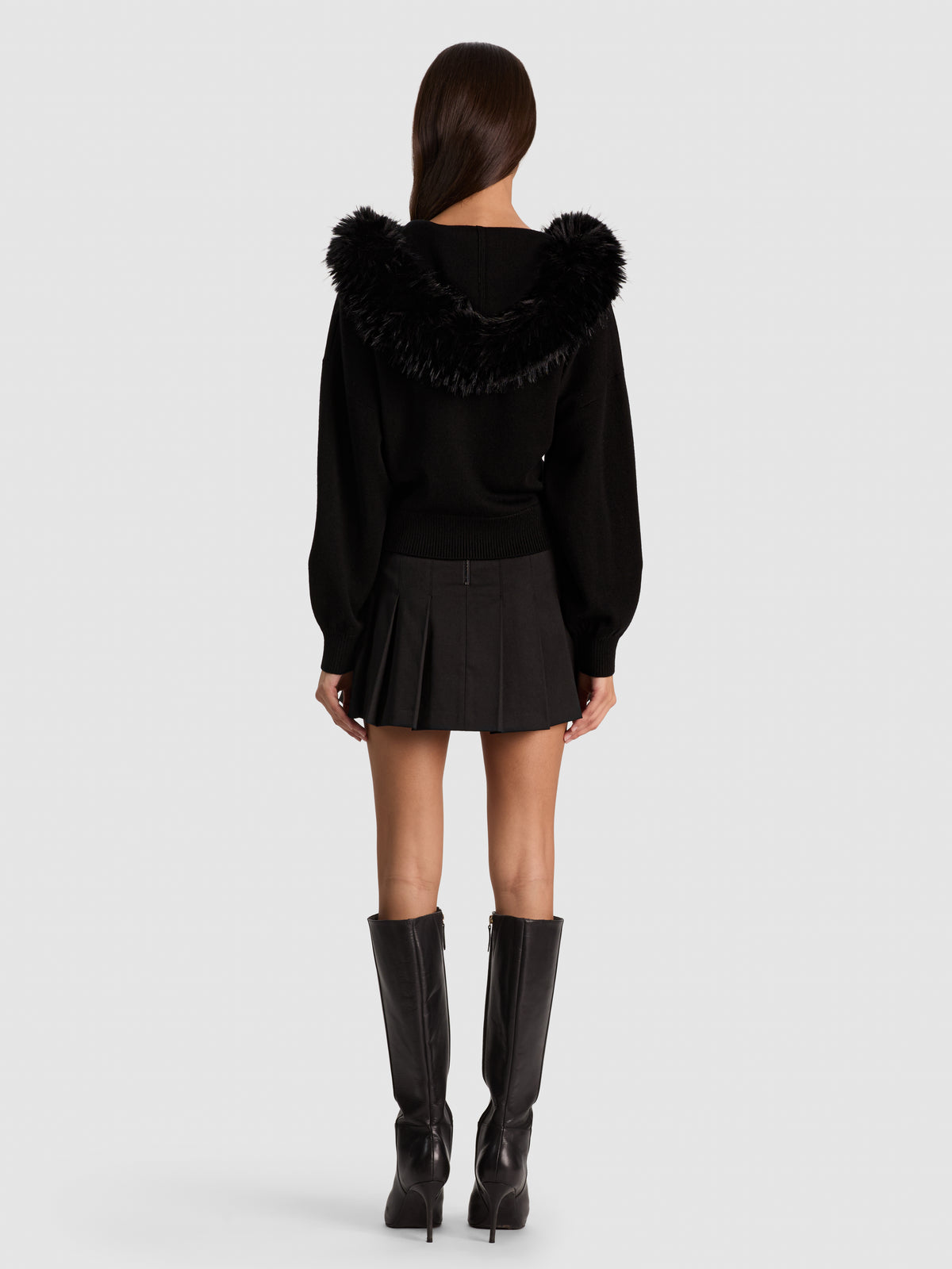 NADYA FAUX FUR TRIM CARDIGAN-Black-ALICE + OLIVIA