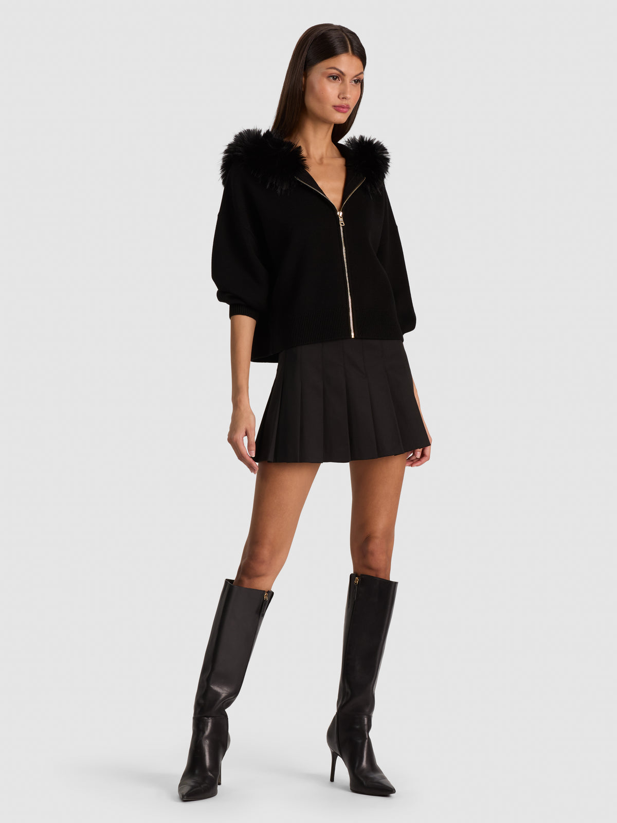 NADYA FAUX FUR TRIM CARDIGAN-Black-ALICE + OLIVIA