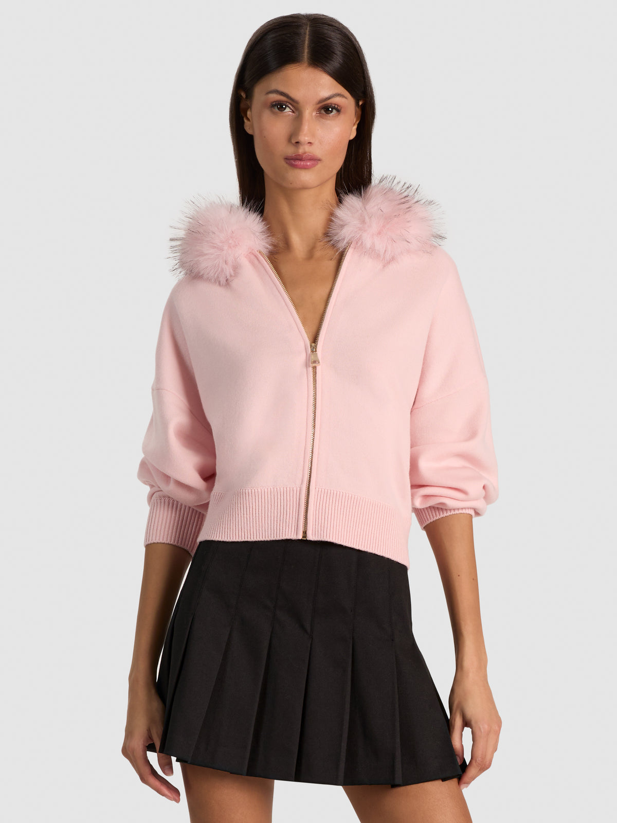 NADYA FAUX FUR TRIM CARDIGAN-BLUSH-ALICE + OLIVIA