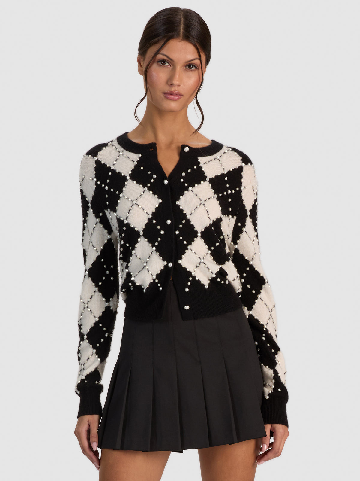 CAROLEE EMBELLISHED ARGYLE CARDIGAN - BLACK/SOFT WHITE