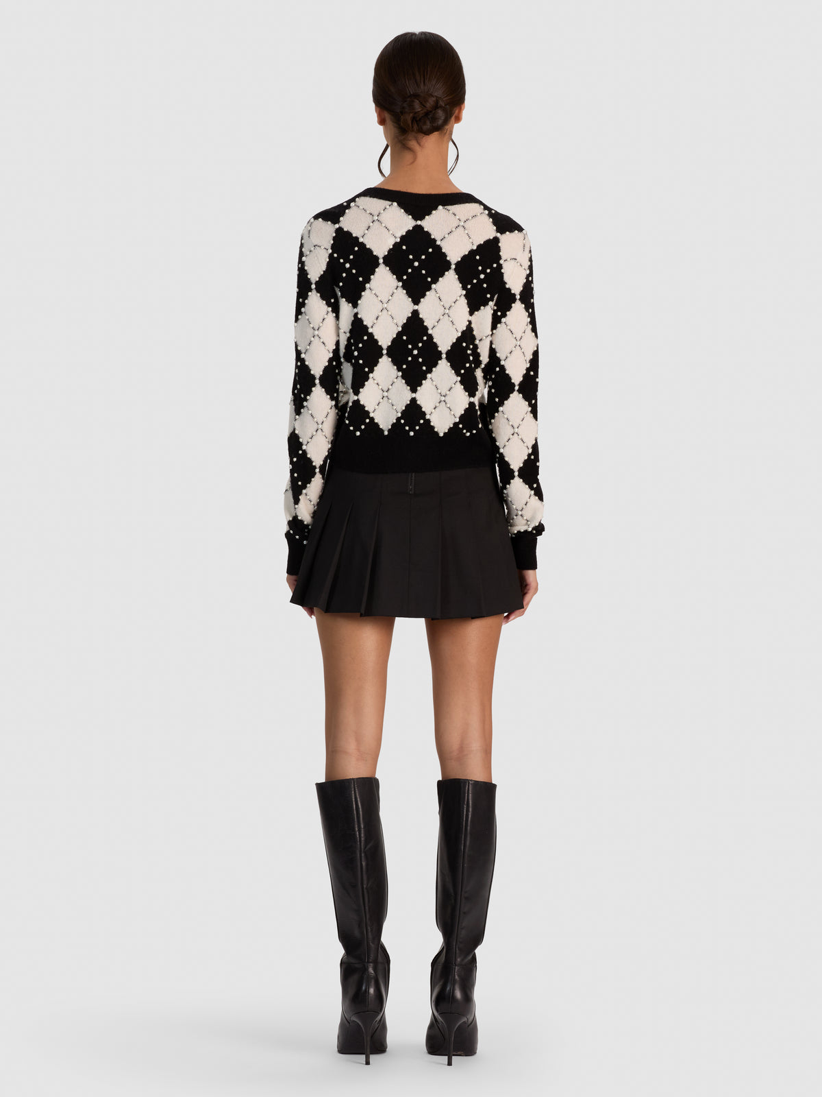 CAROLEE EMBELLISHED ARGYLE CARDIGAN-BLACK/SOFT WHITE-ALICE + OLIVIA