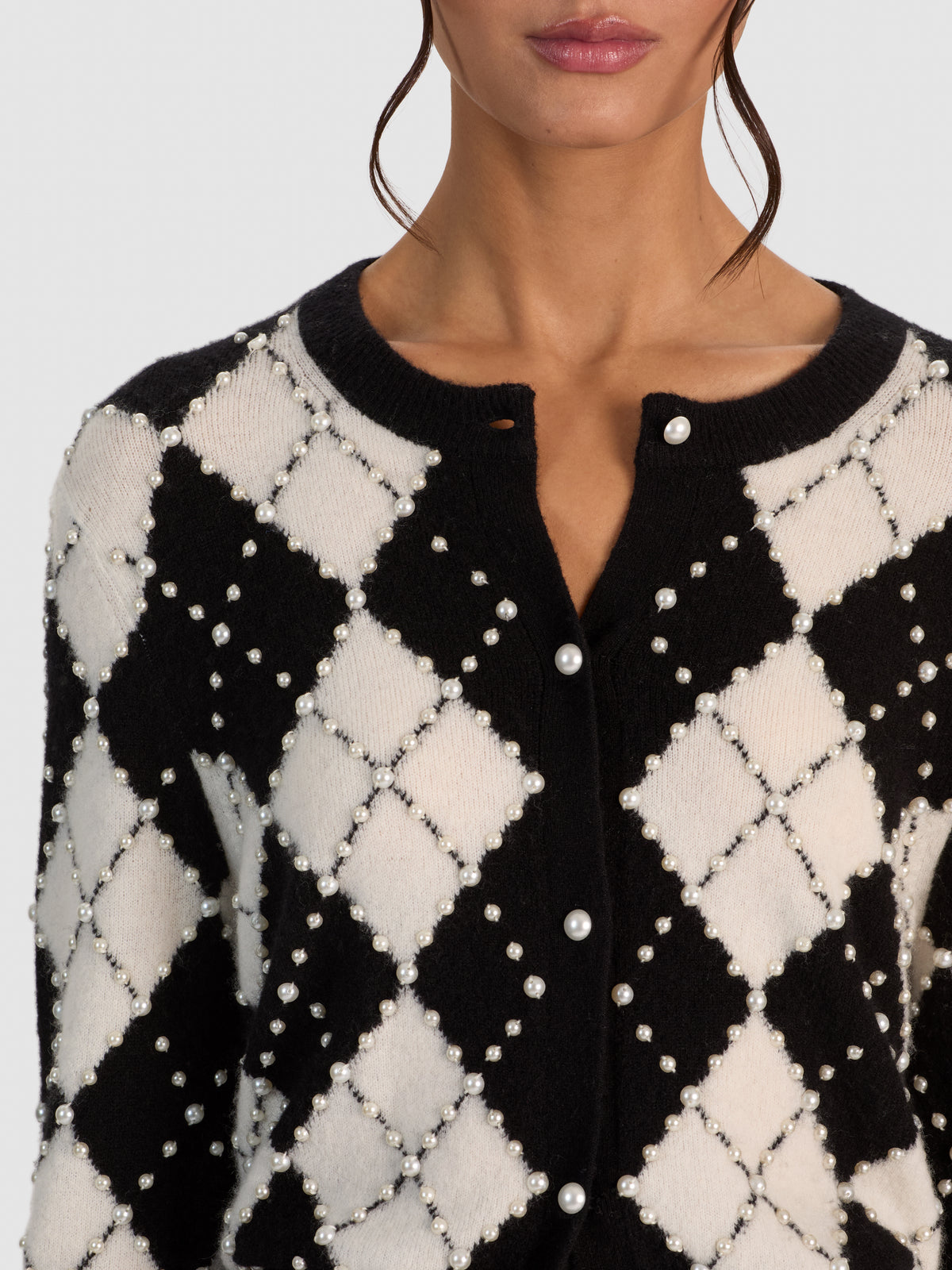 CAROLEE EMBELLISHED ARGYLE CARDIGAN-BLACK/SOFT WHITE-ALICE + OLIVIA