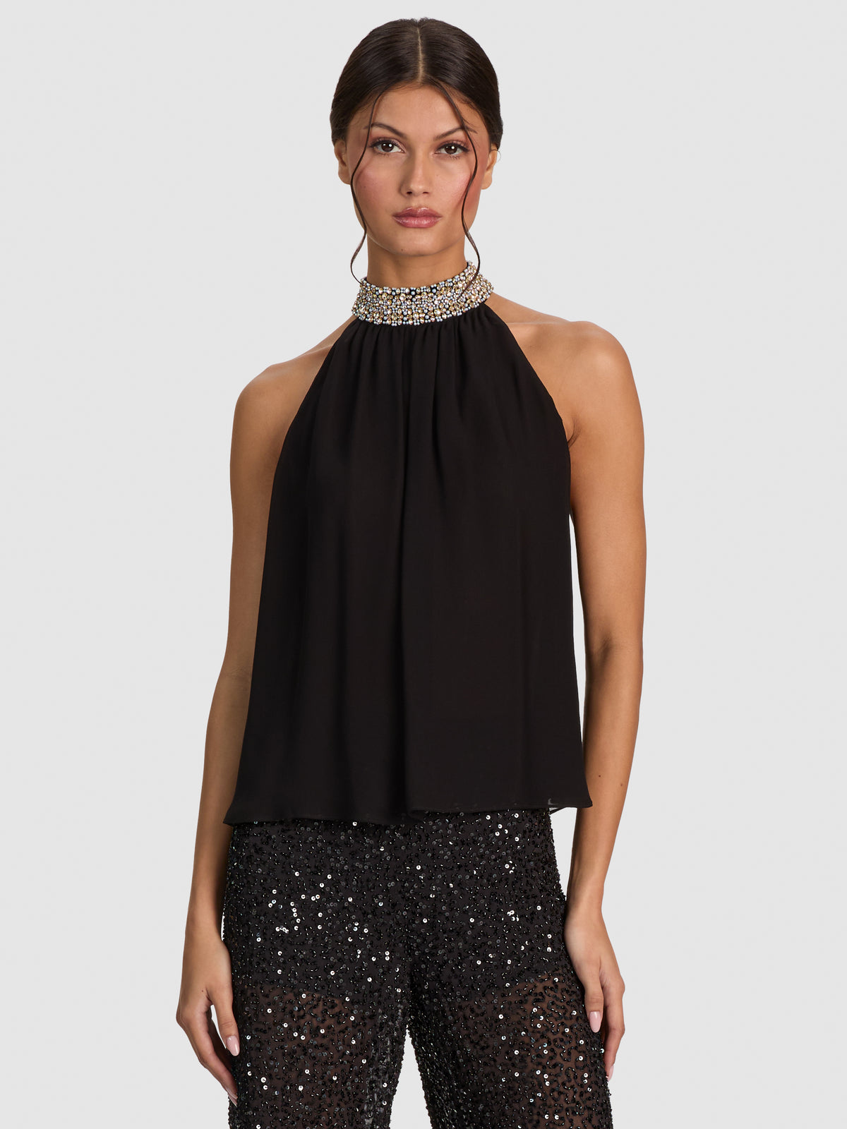 MARIS EMBELLISHED COLLAR TOP-Black-ALICE + OLIVIA