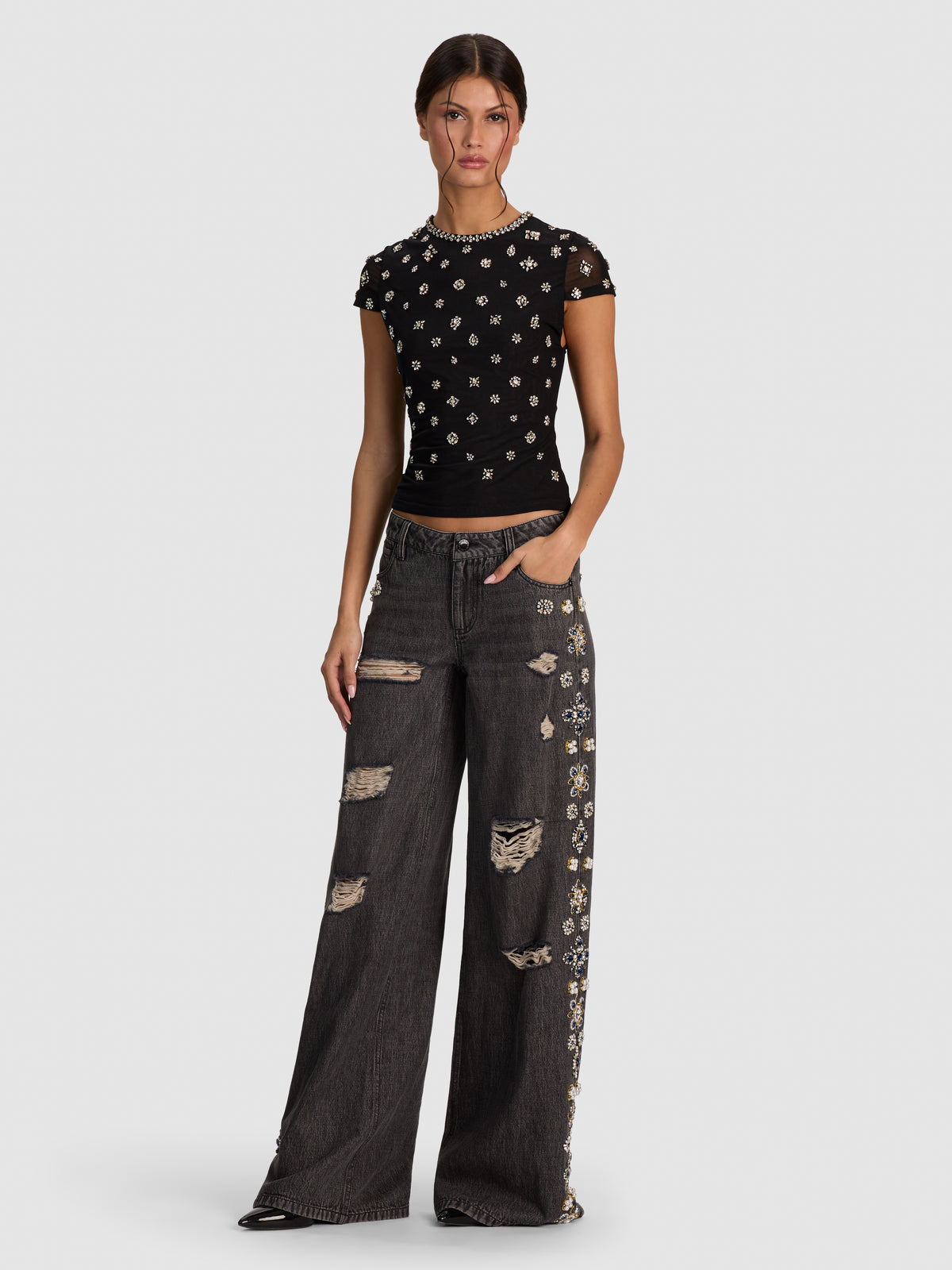 TESS EMBELLISHED TEE-BLACK/CLEAR CRYSTAL-ALICE + OLIVIA