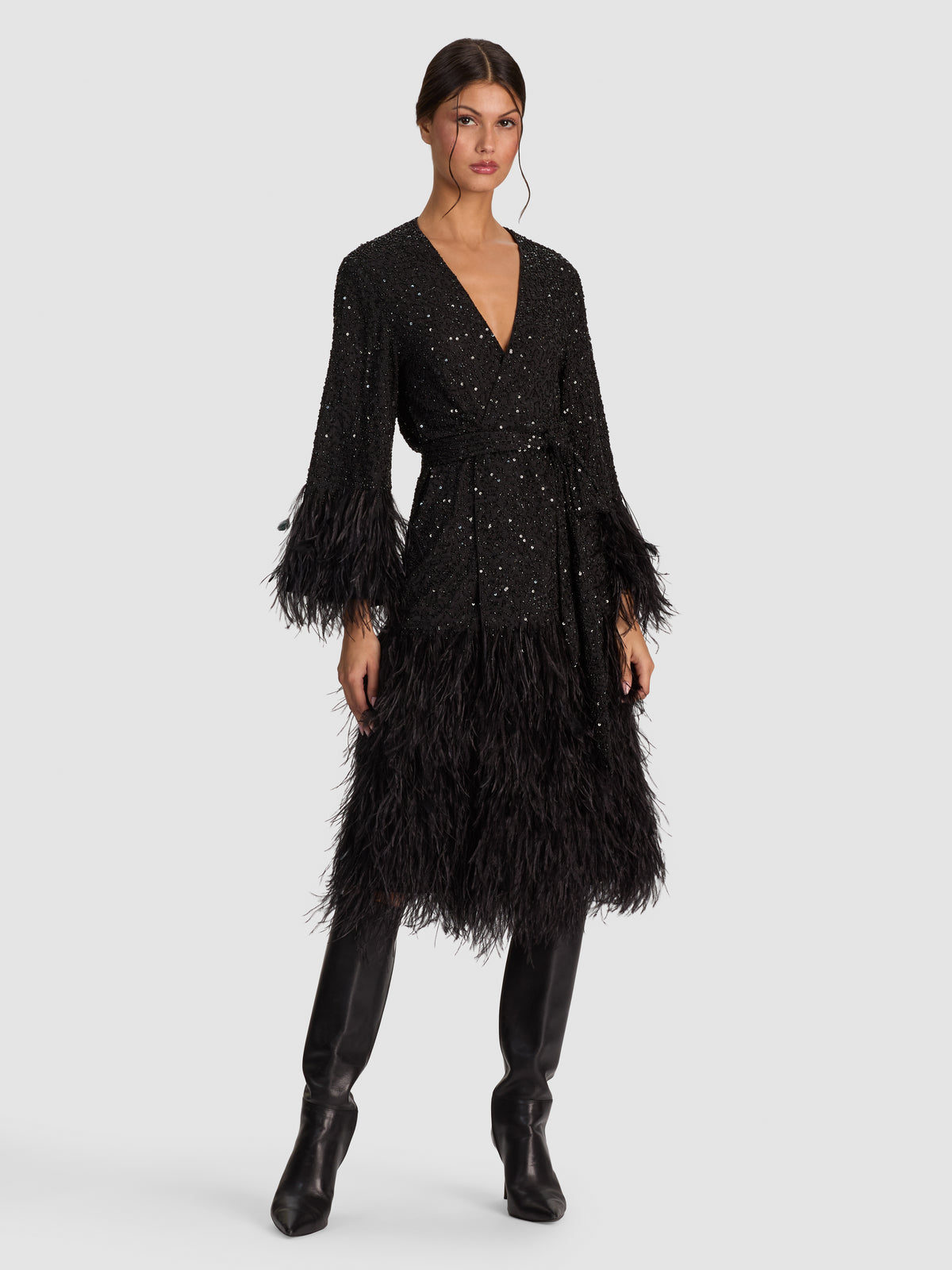 AMA SEQUIN FEATHER ROBE-Black-ALICE + OLIVIA