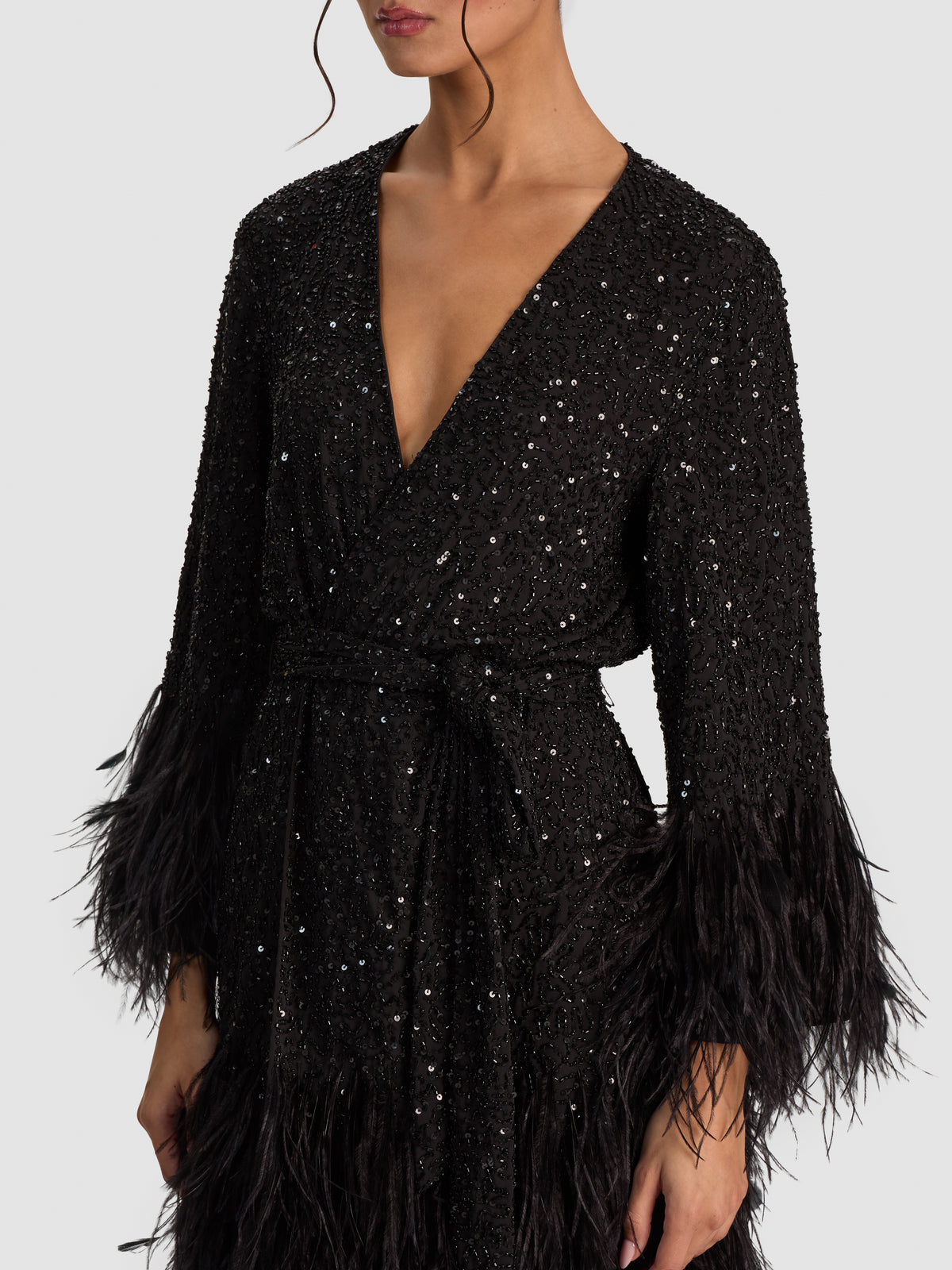 AMA SEQUIN FEATHER ROBE-Black-ALICE + OLIVIA