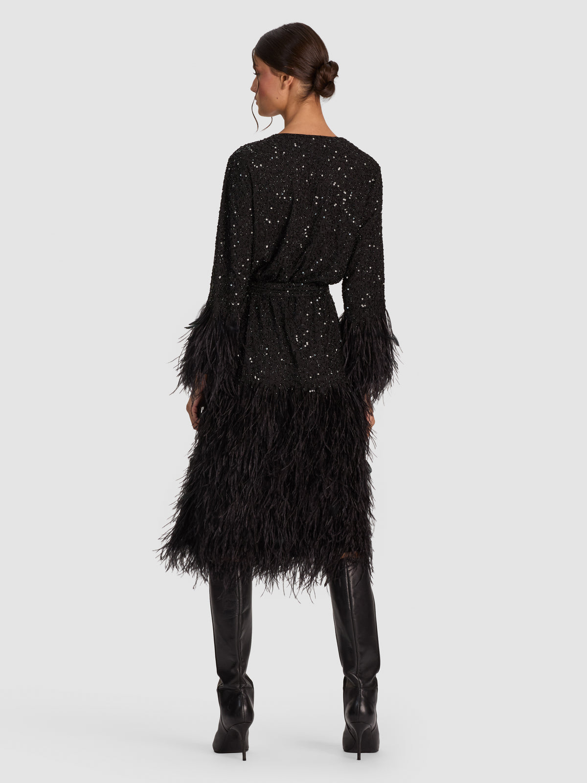 AMA SEQUIN FEATHER ROBE-Black-ALICE + OLIVIA