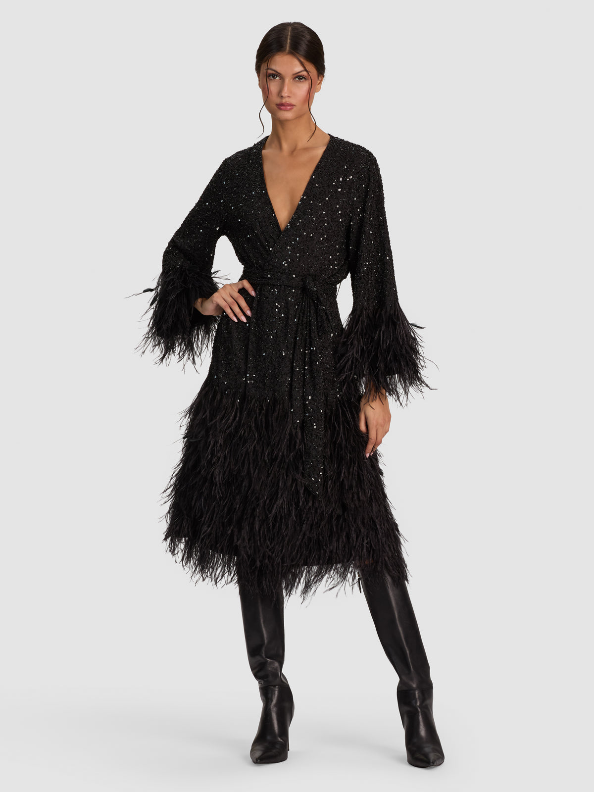 AMA SEQUIN FEATHER ROBE-Black-ALICE + OLIVIA