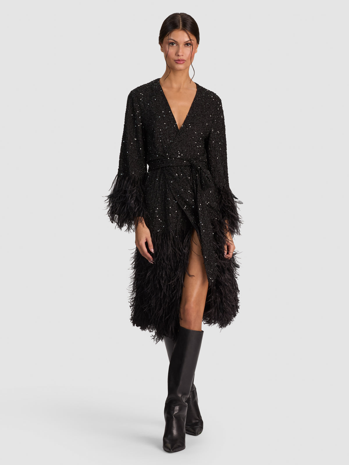 AMA SEQUIN FEATHER ROBE-Black-ALICE + OLIVIA