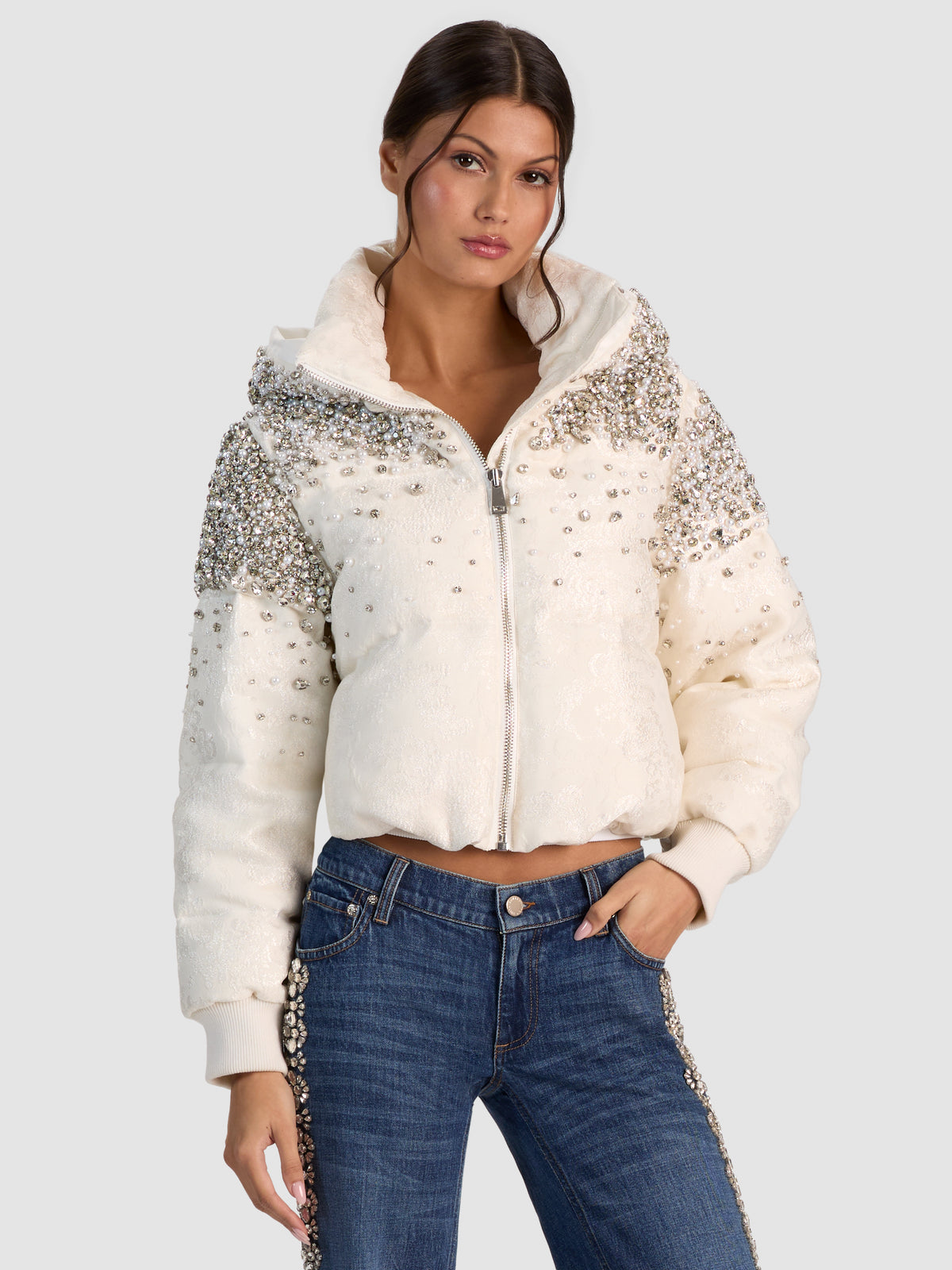 ROBENA EMBELL CROPPED PUFFER-OFF WHITE/CLEAR CRYSTAL-ALICE + OLIVIA