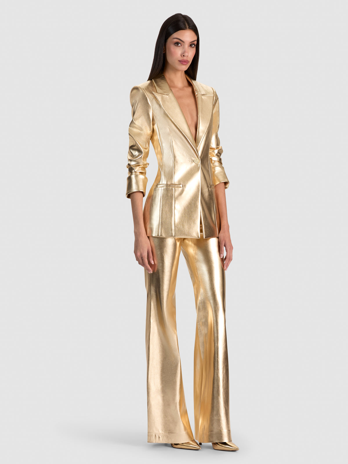 BURNS VEGAN LEATHER BLAZER-GOLD-ALICE + OLIVIA