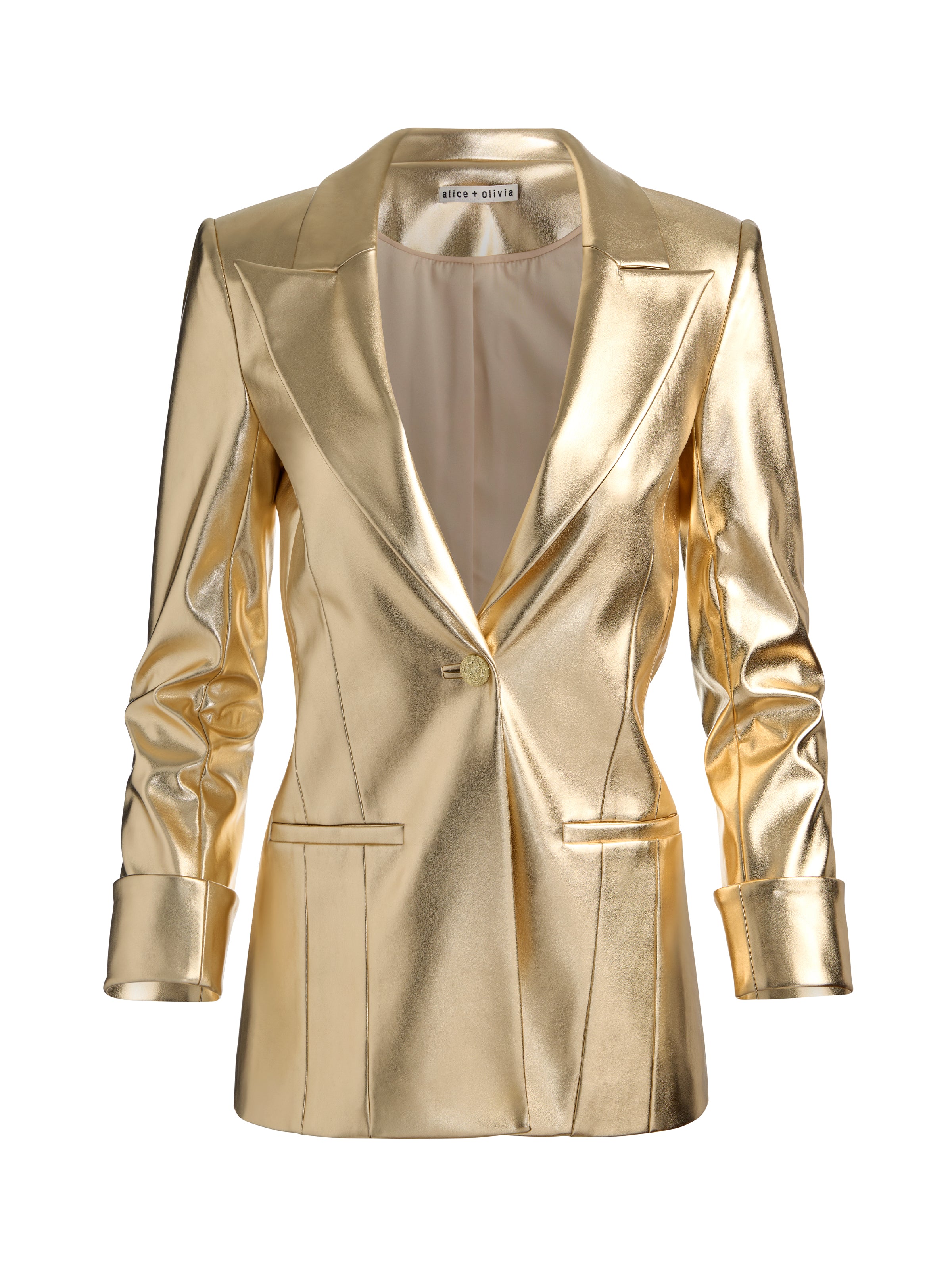 BURNS VEGAN LEATHER BLAZER in GOLD | ALICE + OLIVIA