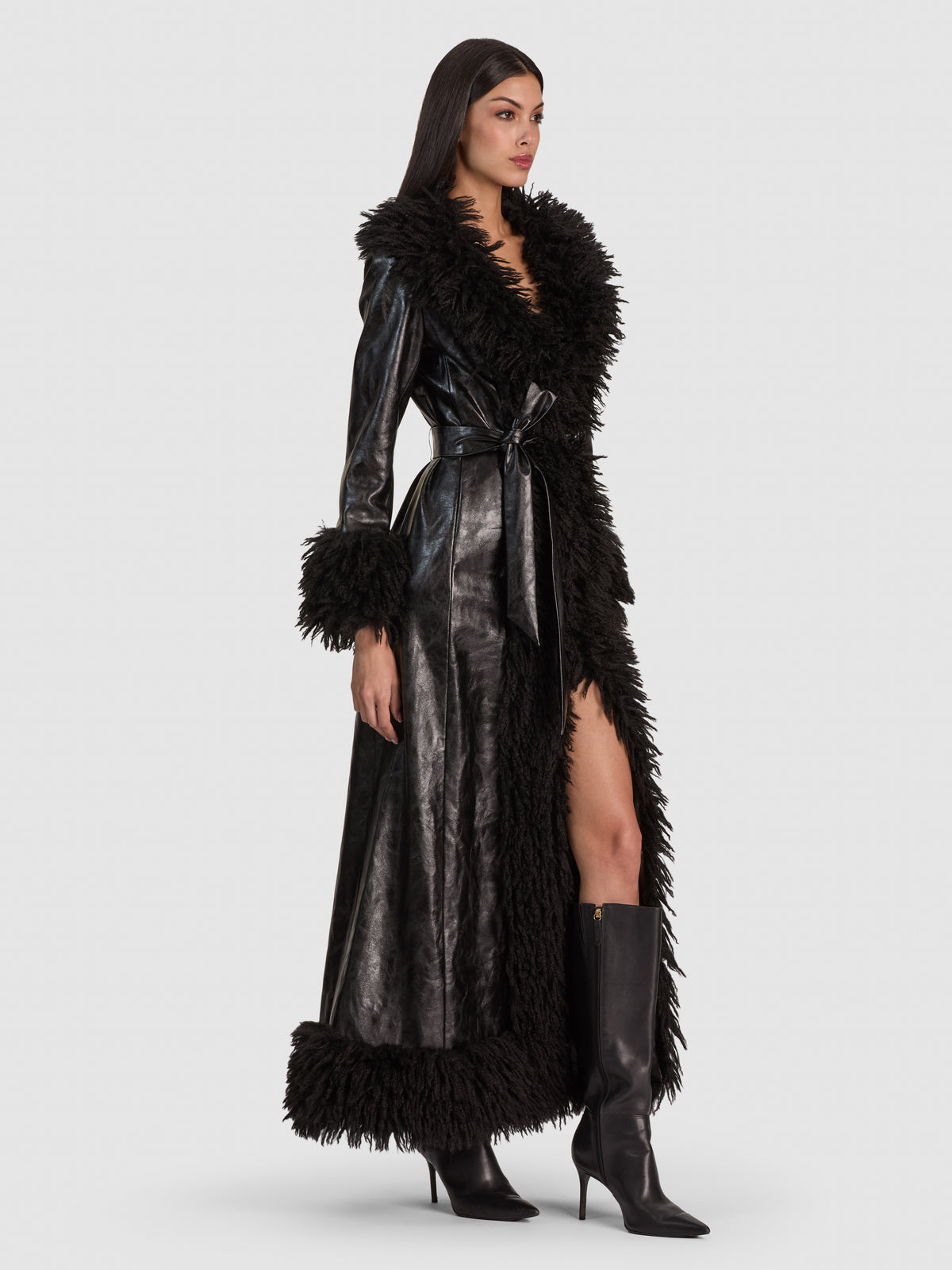 POLINA VEGAN LEATHER FAUX FUR COAT-Black-ALICE + OLIVIA
