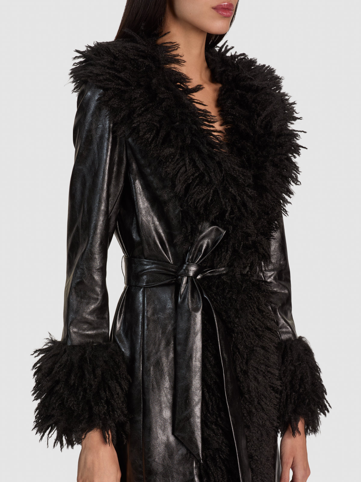 POLINA VEGAN LEATHER FAUX FUR COAT-Black-ALICE + OLIVIA