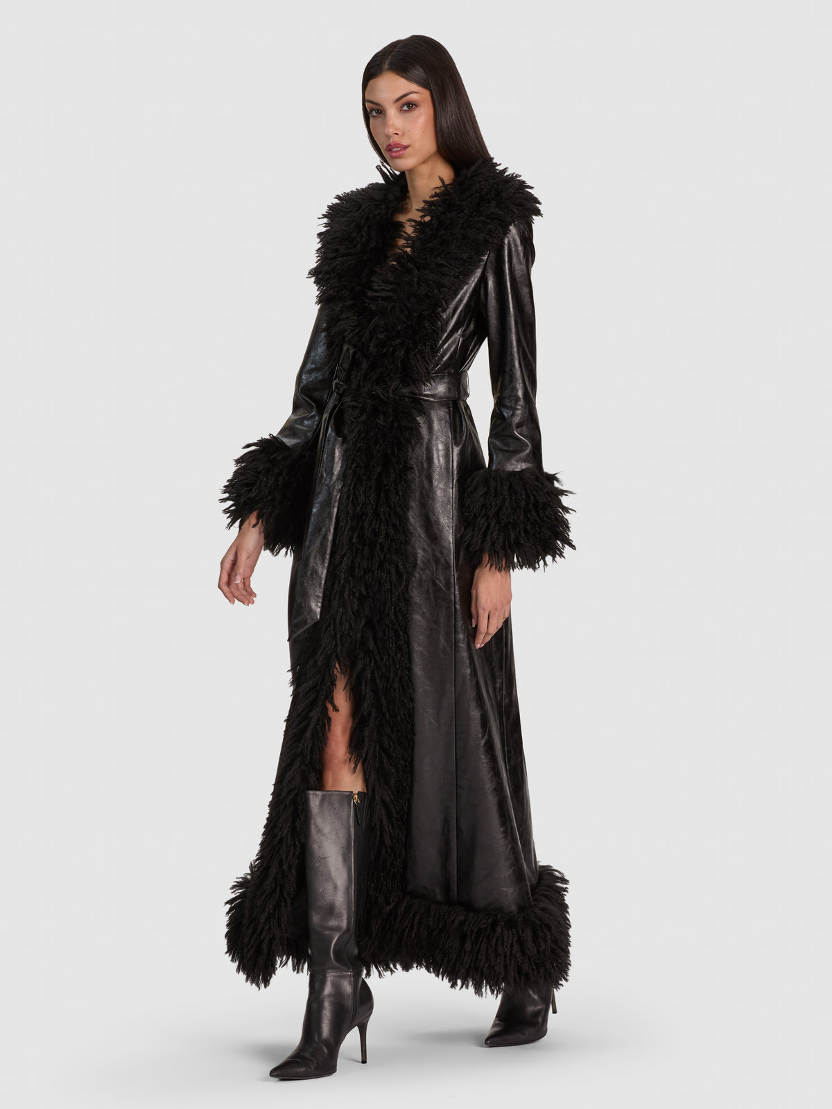 POLINA VEGAN LEATHER FAUX FUR COAT-Black-ALICE + OLIVIA