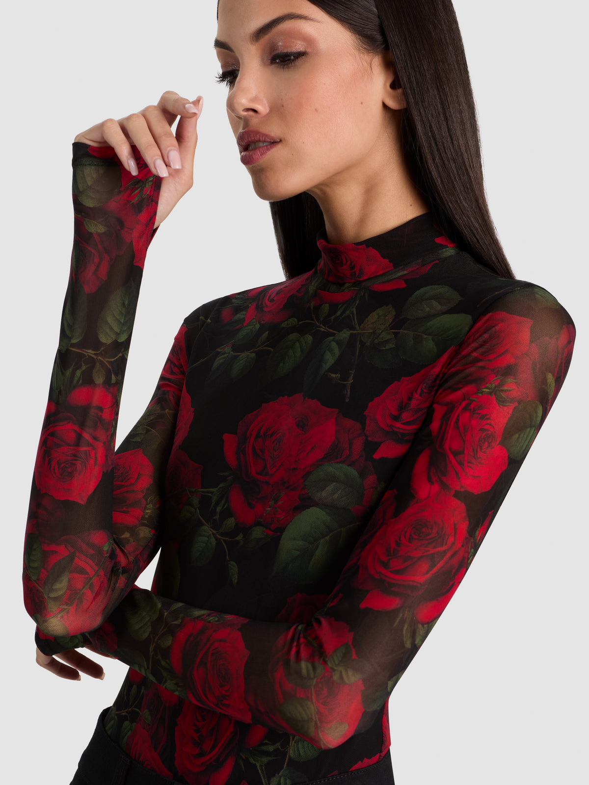 DELAINA TURTLENECK BODYSUIT-ROUGE ROMANCE BLACK SM-ALICE + OLIVIA
