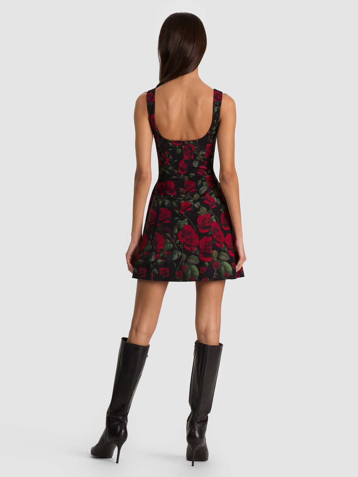 VERA FLARE MINI DRESS-ROUGE ROMANCE BLACK-ALICE + OLIVIA