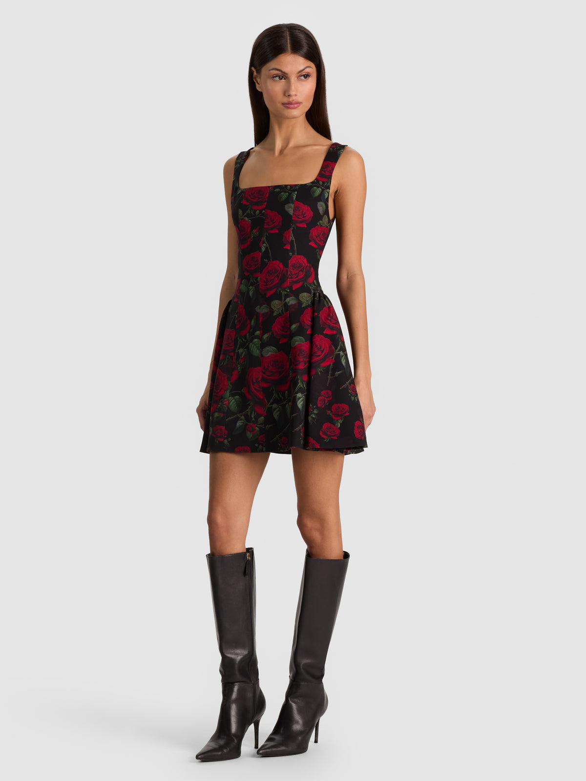 VERA FLARE MINI DRESS-ROUGE ROMANCE BLACK-ALICE + OLIVIA
