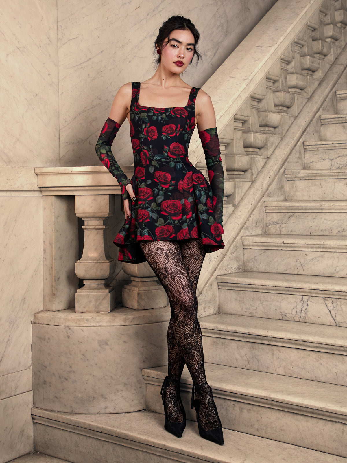 VERA FLARE MINI DRESS - ROUGE ROMANCE BLACK