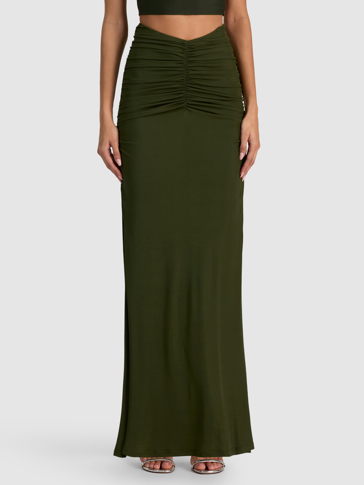 SHANNON RUCHED MAXI SKIRT-DARK FERN-ALICE + OLIVIA