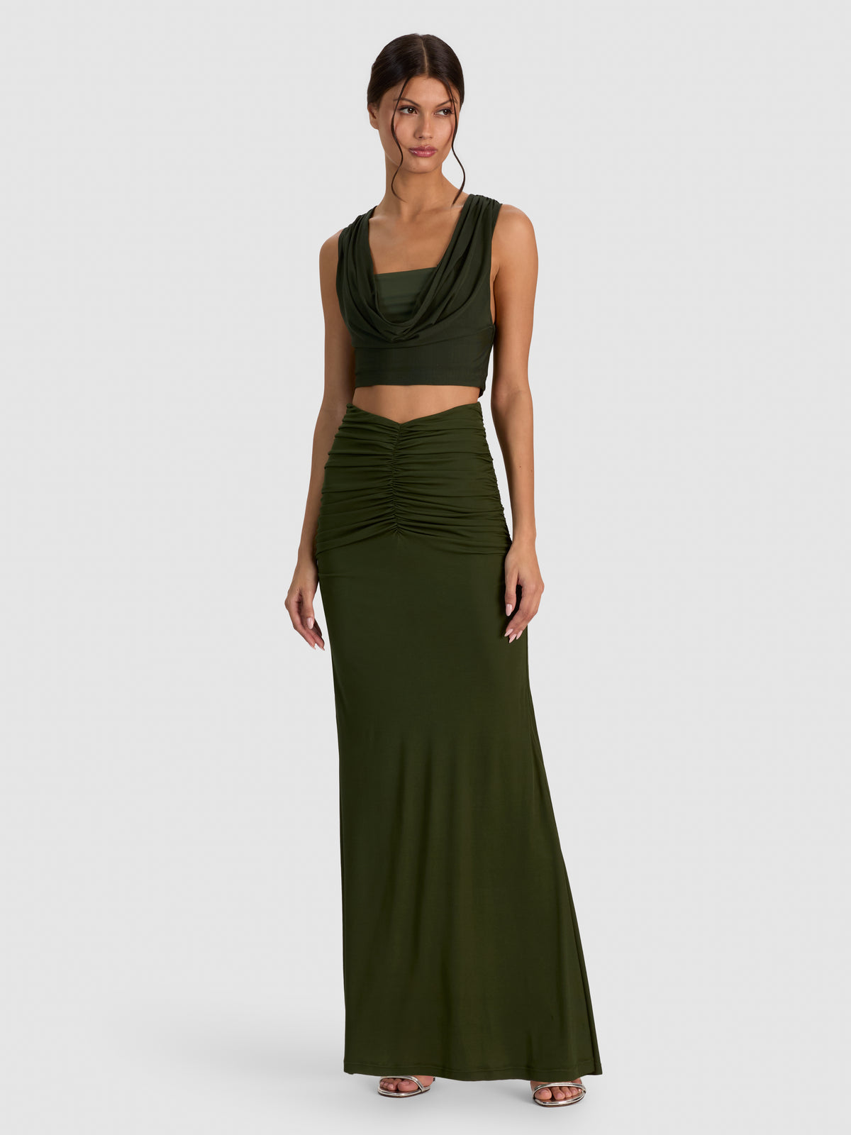 SHANNON RUCHED MAXI SKIRT-DARK FERN-ALICE + OLIVIA