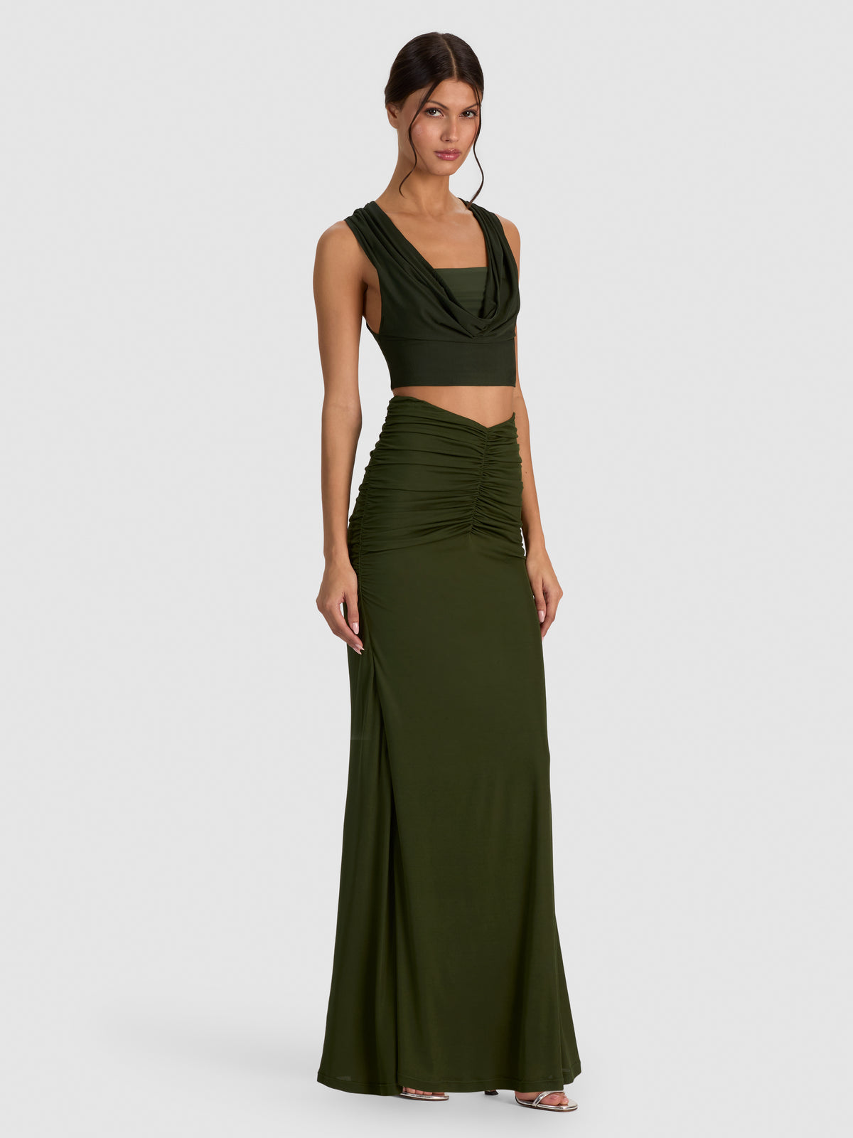 SHANNON RUCHED MAXI SKIRT-DARK FERN-ALICE + OLIVIA