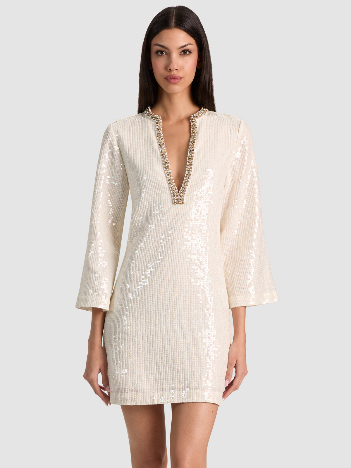 ELEONORA EMBELLISHED TUNIC DRESS-OFF WHITE-ALICE + OLIVIA