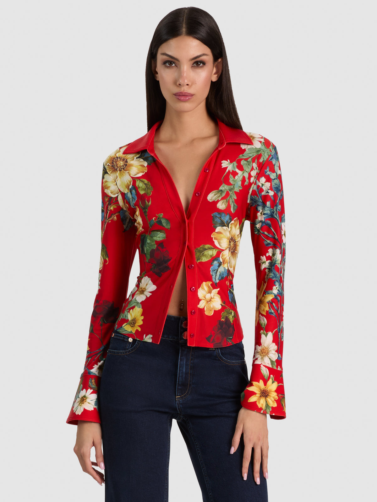 FREYA BUTTON DOWN TOP in GARDEN VISTA CANDY APPLE | ALICE + OLIVIA