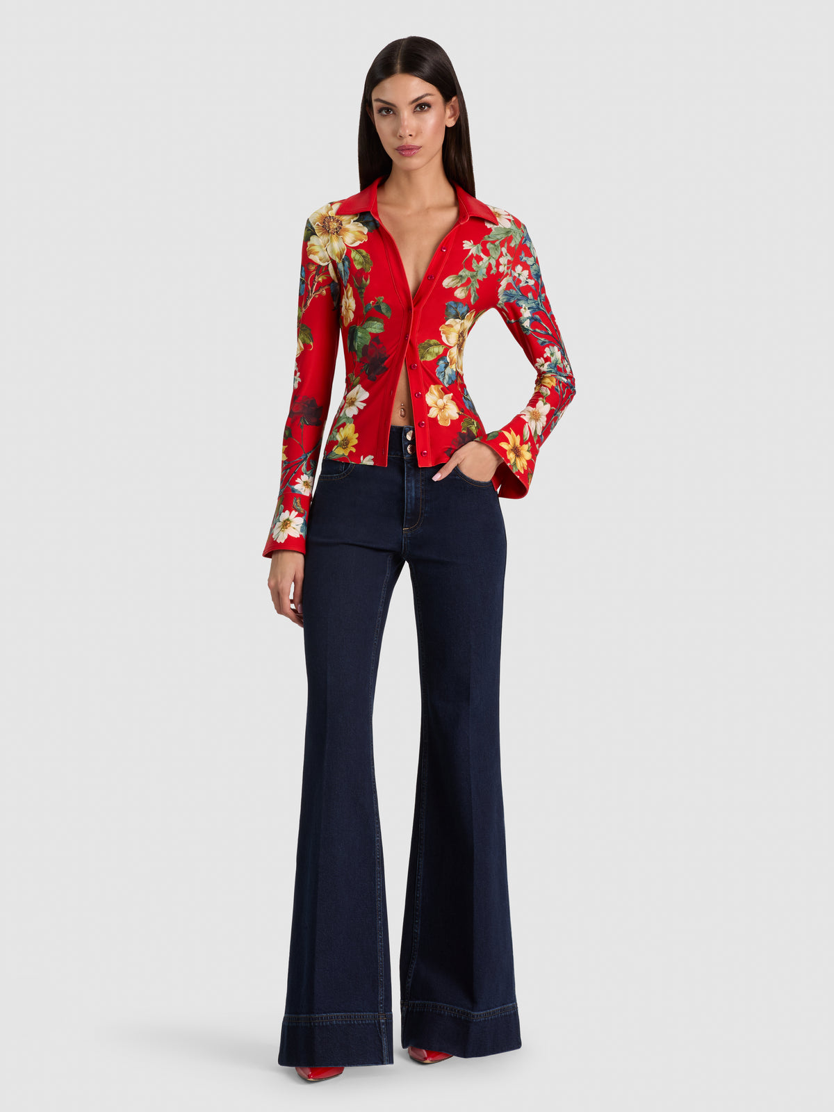 FREYA BUTTON DOWN TOP - GARDEN VISTA CANDY APPLE