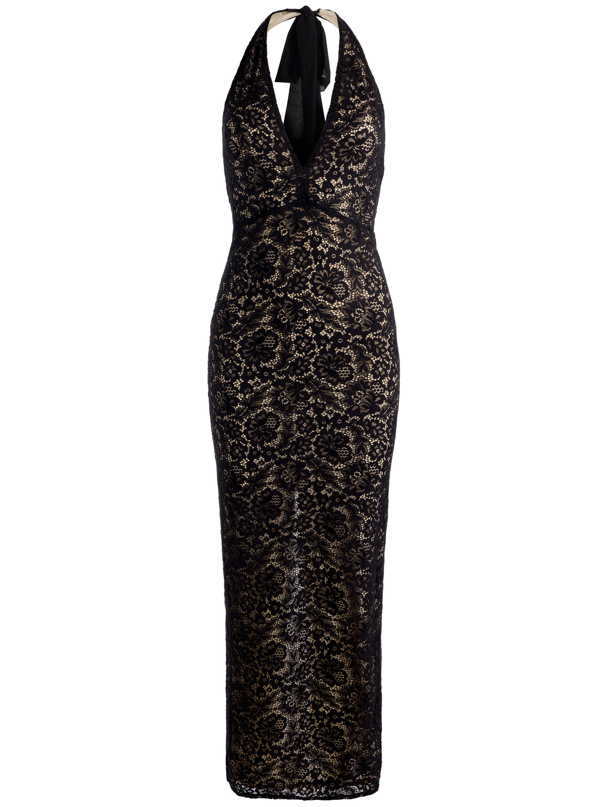 ESTELLE FOIL LACE HALTER MAXI DRESS - BLACK