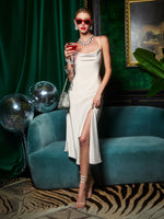 HARMONY EMBELLISHED DRAPEY SLIP MIDI DRESS - OFF WHITE