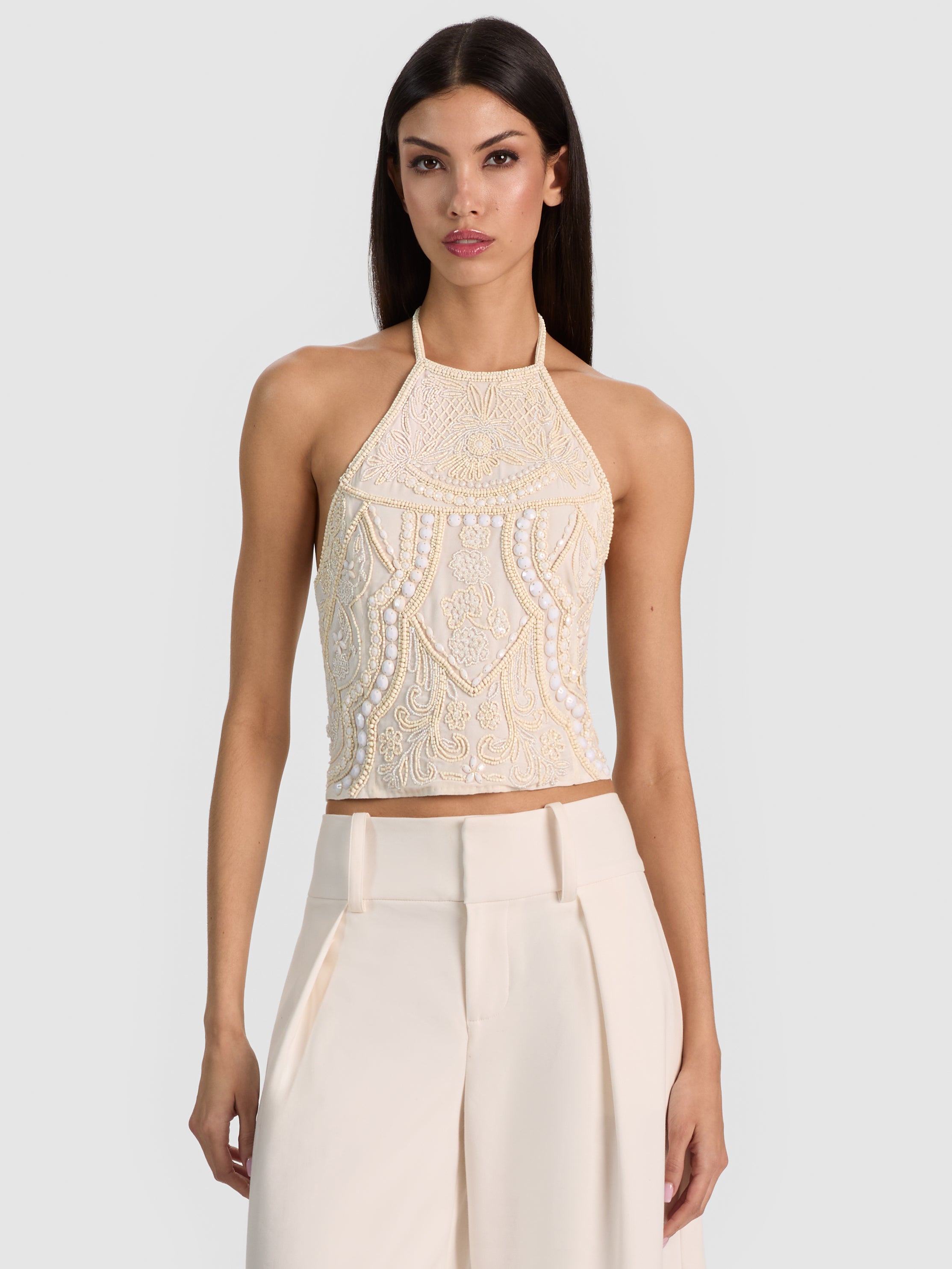 GATZ EMBELLISHED HALTER CROPPED TOP in VANILLA | ALICE + OLIVIA