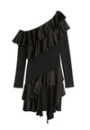 IZZY ONE SHLDR LS RUFFLE DRESS-Black-ALICE + OLIVIA