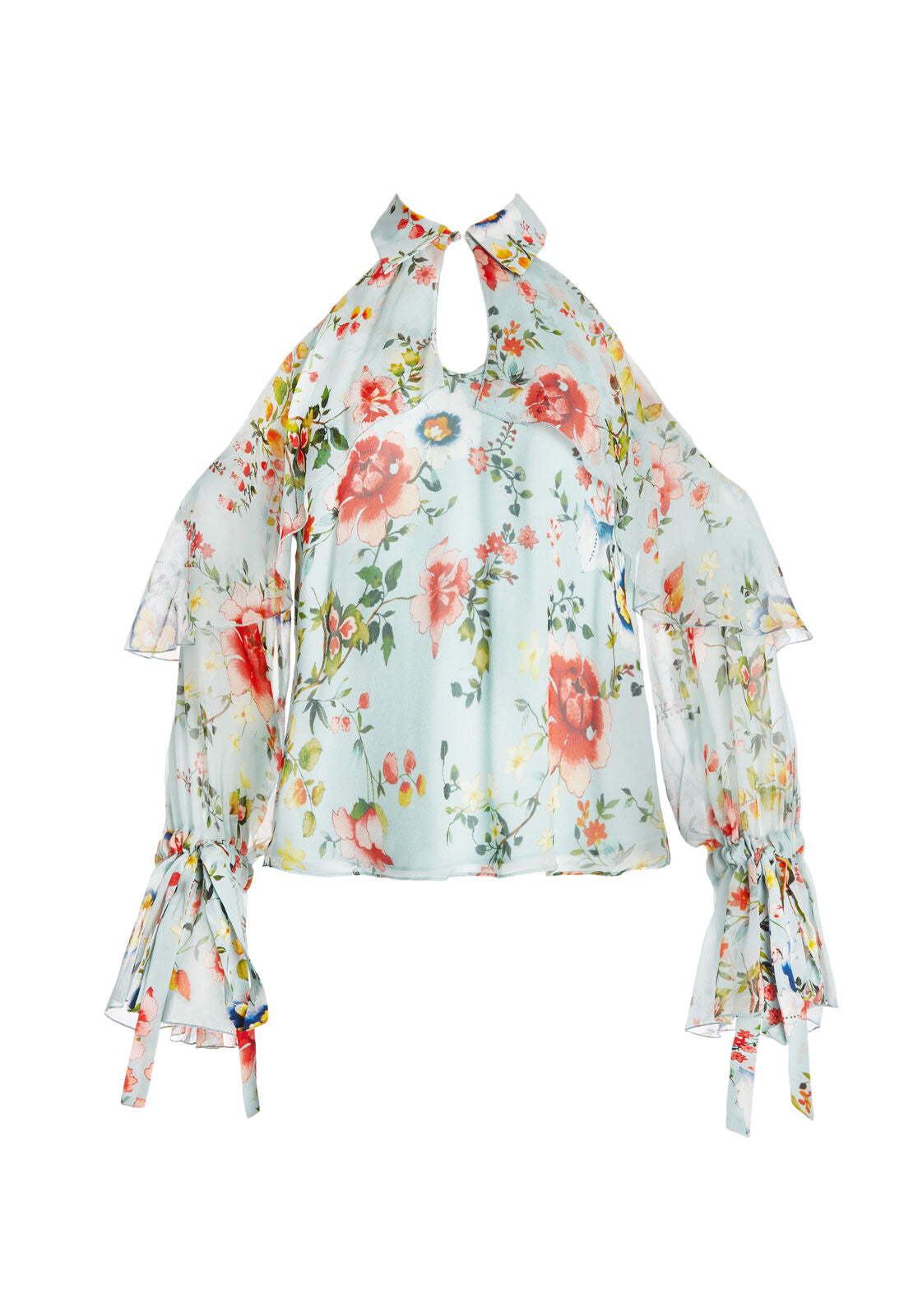 BLAYNE COLD SHLDR BOW CUFF BLS-FLORAL SOIREE-DUSTY AQUA-ALICE + OLIVIA