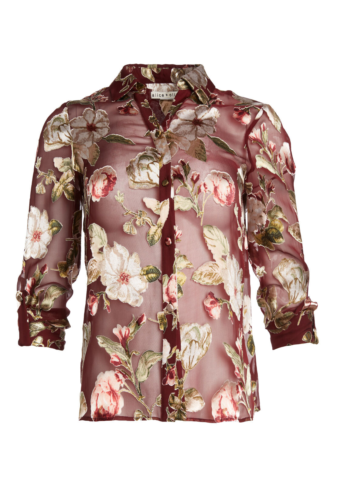 ELOISE ROLL CUFF BTN DWN-HAZY FLORAL-WINE-ALICE + OLIVIA