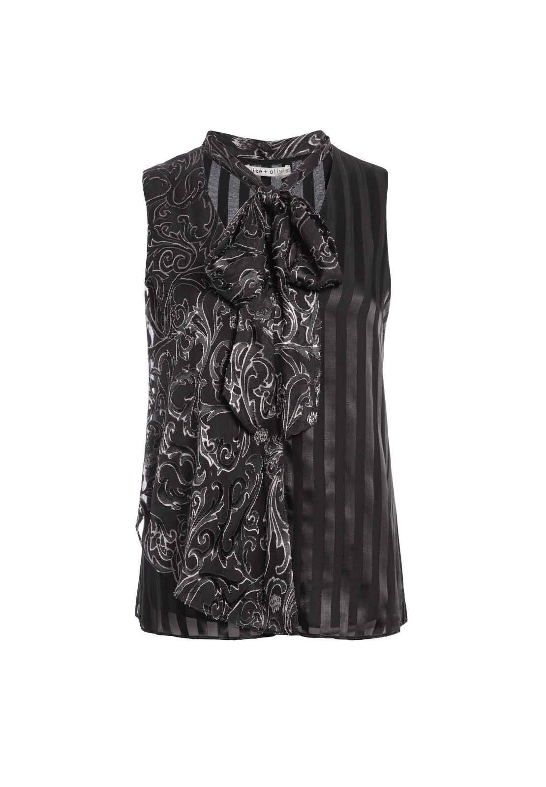 FIFI TIE NK ASYMM DRAPE TANK-SHADOW STRIPE BLACK-ALICE + OLIVIA