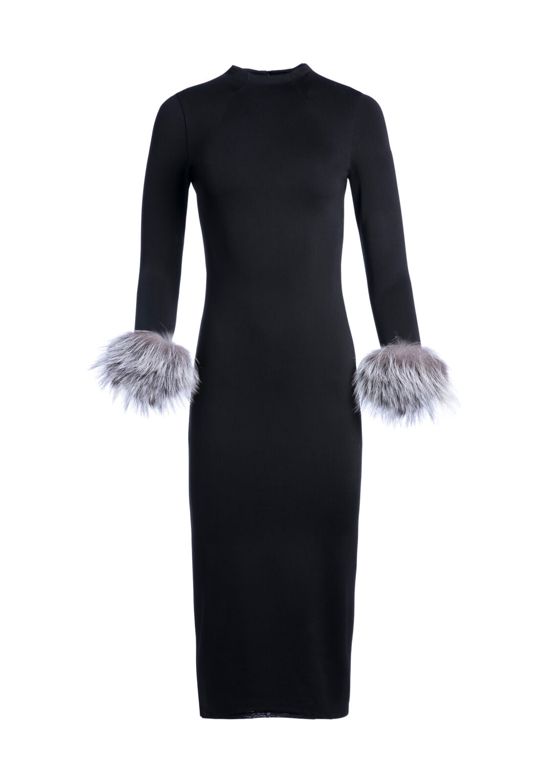 DELORA FUR CUFF MIDI DRESS-Black-ALICE + OLIVIA