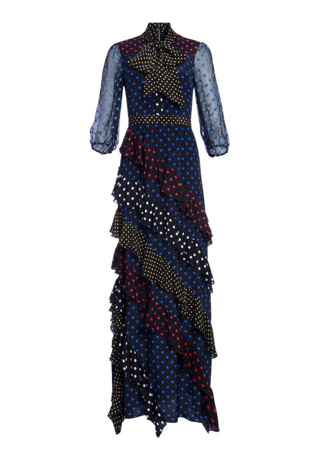 LESSIE RUFFLE MAXI DRESS-MED POLKADOT BLK/COBALT-ALICE + OLIVIA