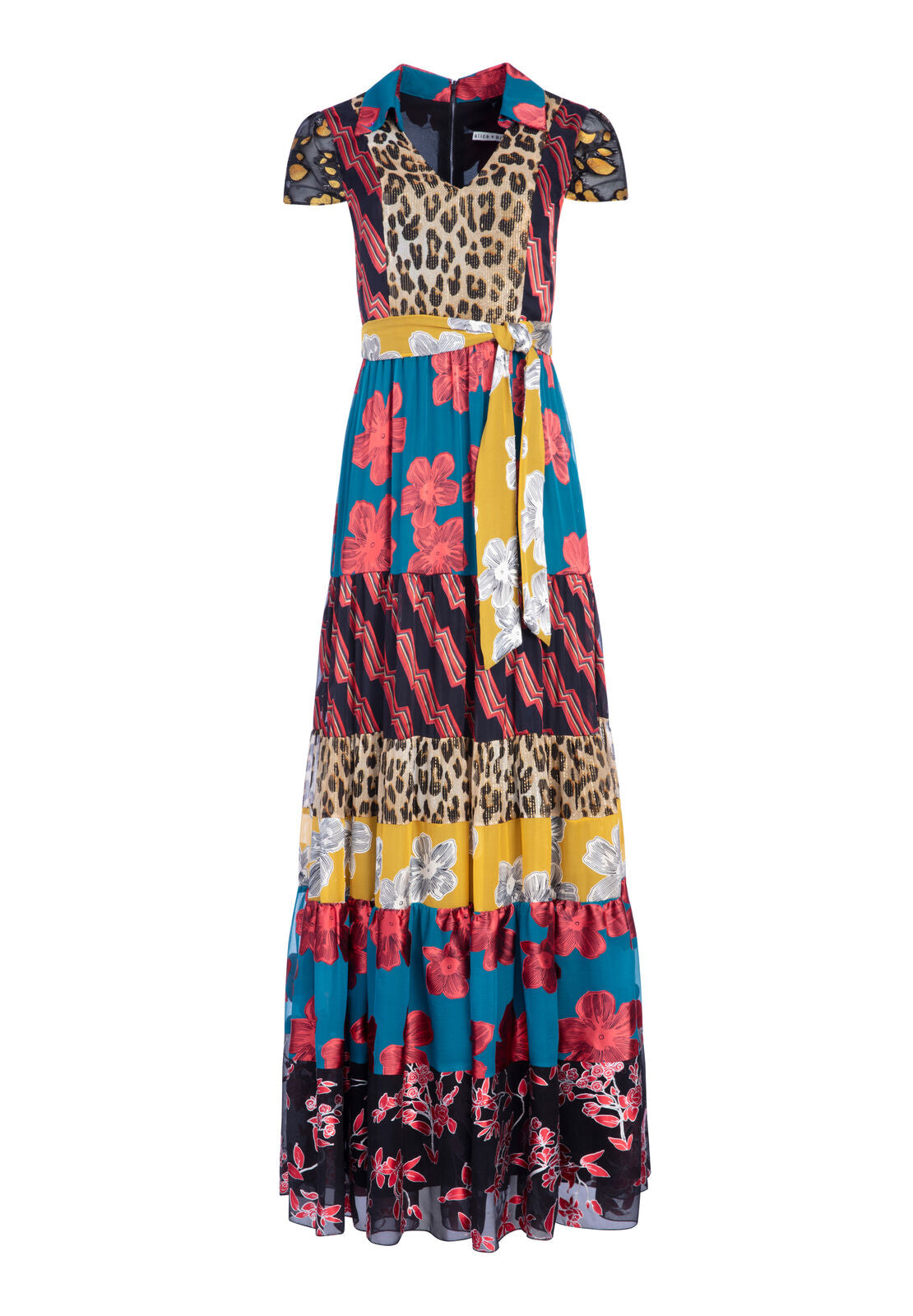 DELLA SS MAXI W WAIST TIE-DAISY TEAL/CHERRY-ALICE + OLIVIA