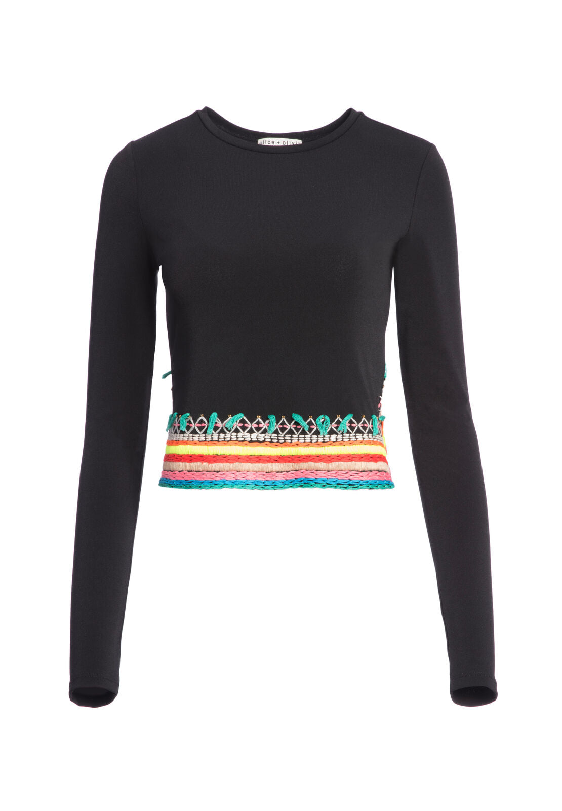 DELAINA EMBR LS CROP TOP-BLACK/MULTI-ALICE + OLIVIA