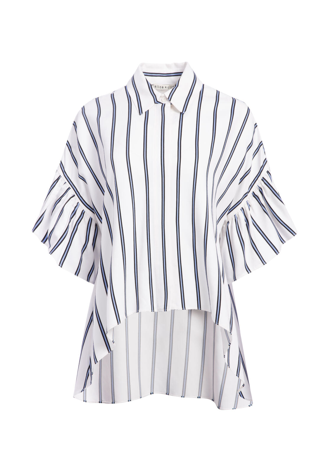 EDYTH RUFFLE SLV DRAPEY BTNDWN-CORNFLOWER/BLACK/WHITE-ALICE + OLIVIA