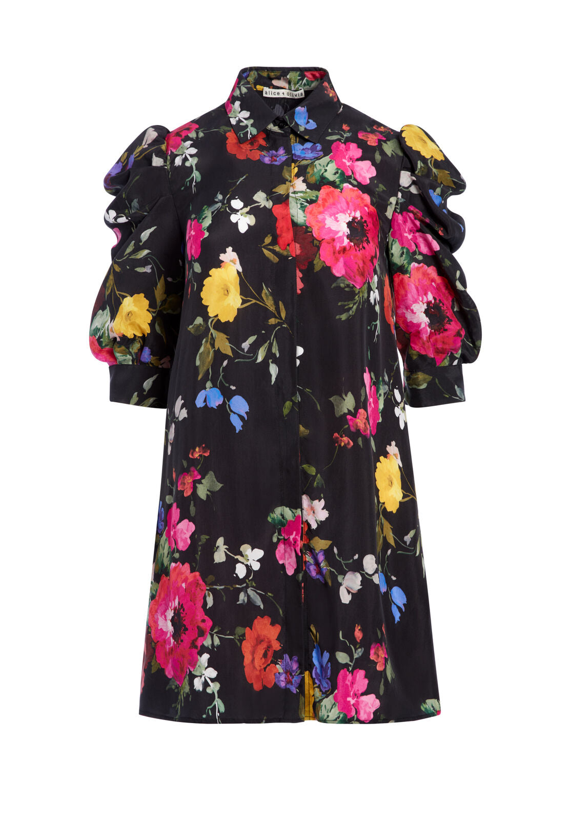 JEM GATHERED SLV SHIRT DRESS-PAINTERLY FLORAL BLACK-ALICE + OLIVIA