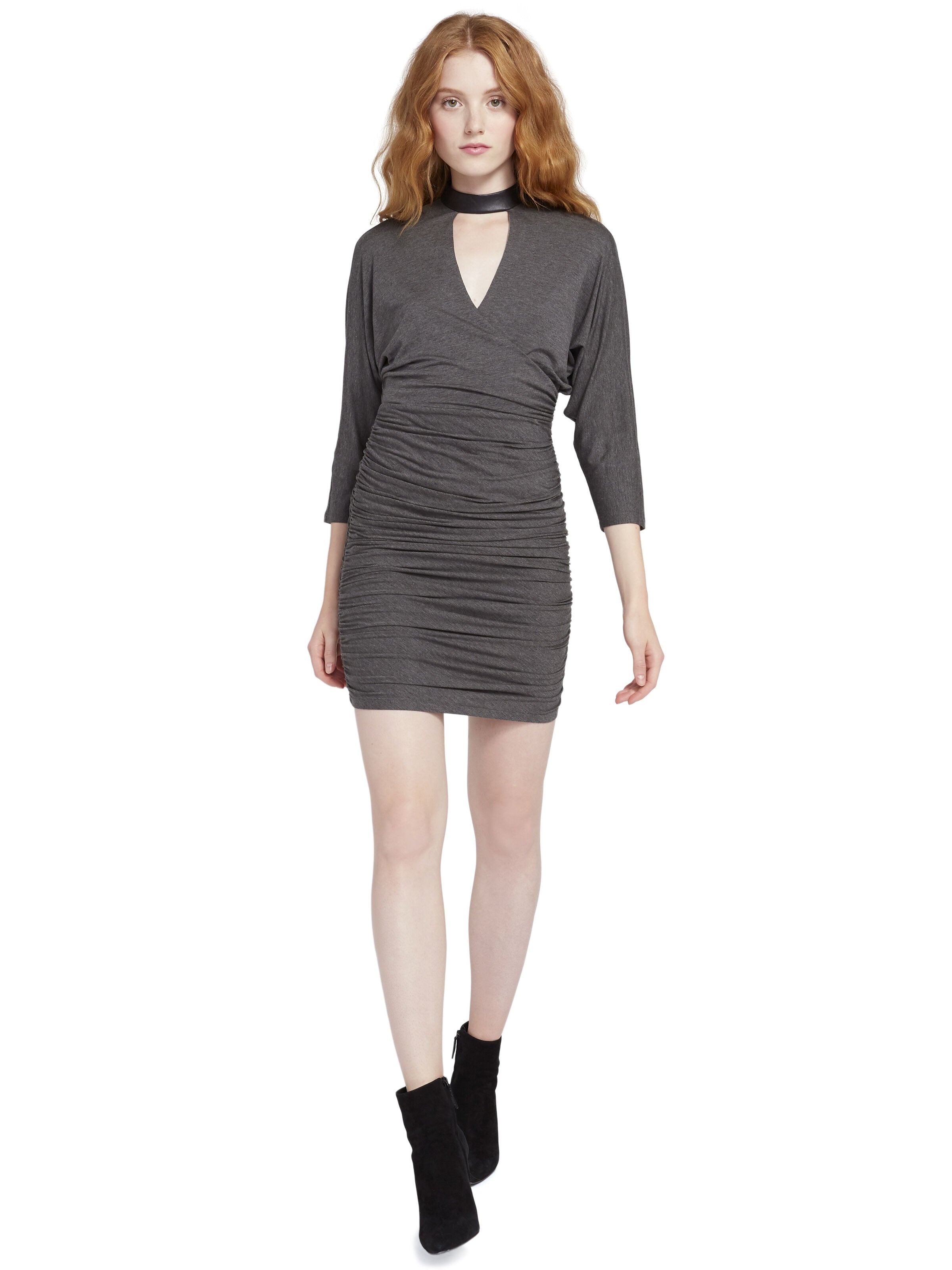 PACE LEATHER COLLAR MINI DRESS-CHARCOAL-ALICE + OLIVIA