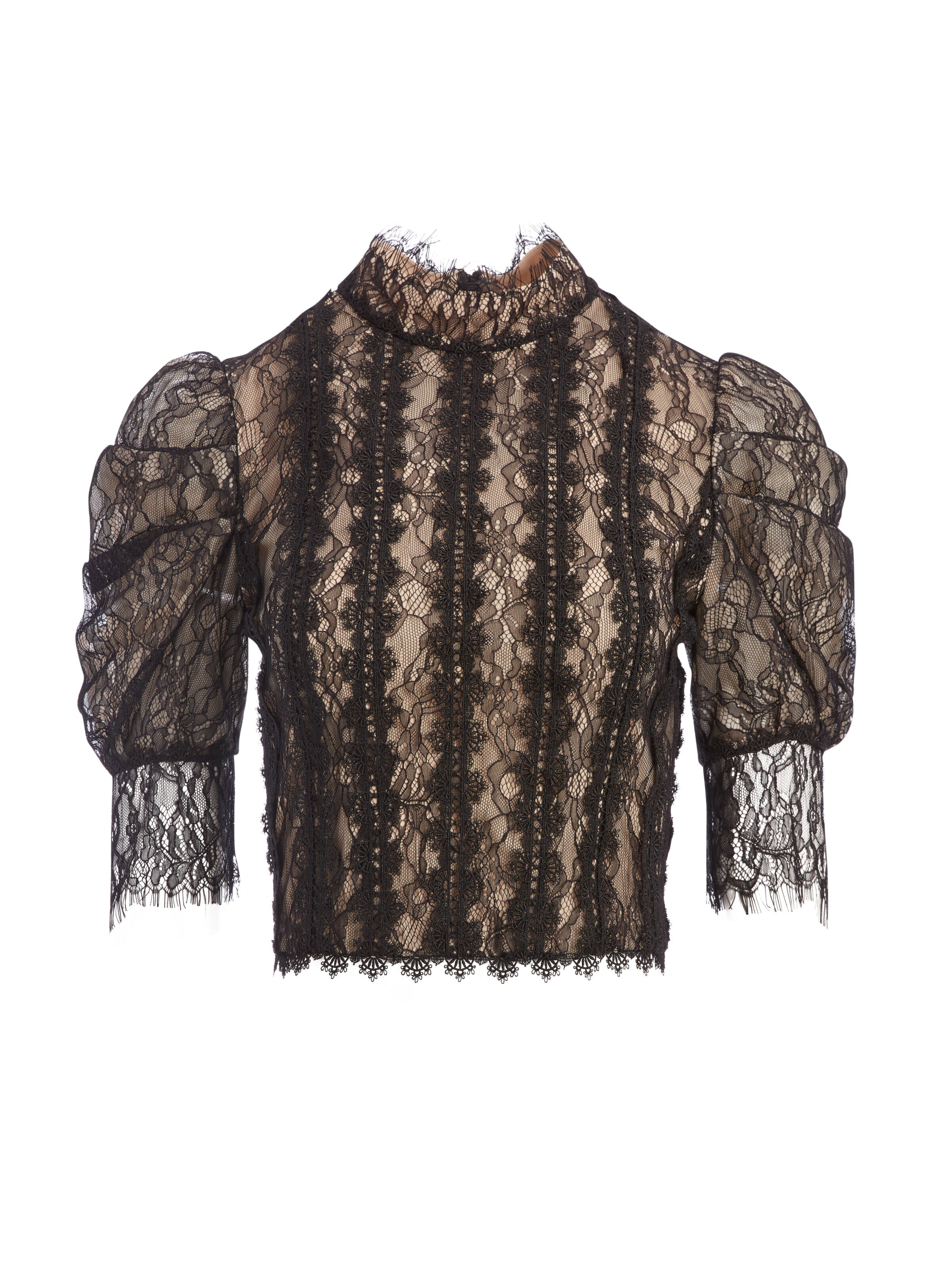 BRENNA LACE PUFF SLEEVE CROP TOP-Black-ALICE + OLIVIA