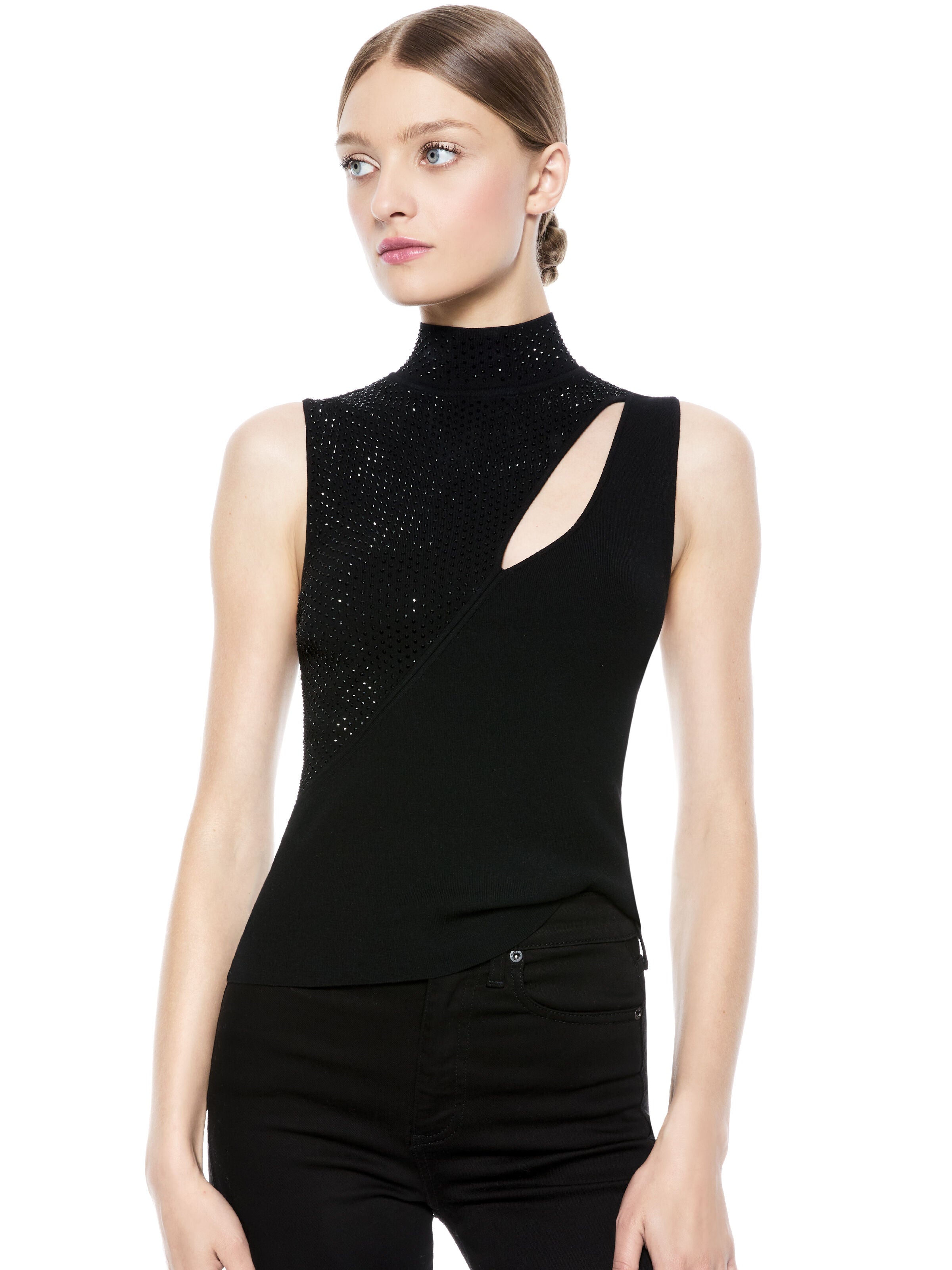 ABBI EMBELLISHED CUT OUT PULLOVER-Black-ALICE + OLIVIA