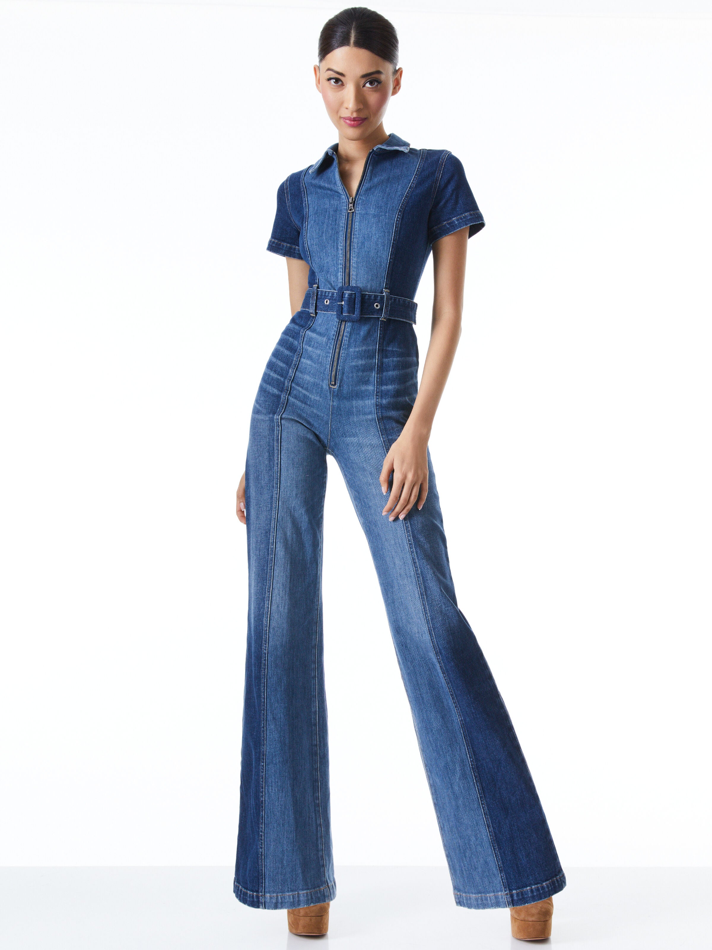 GORGEOUS WIDE LEG DENIM BELTED JUMPSUIT-DOUBLE TROUBLE-ALICE + OLIVIA